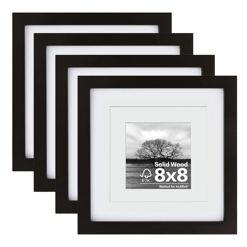 Egofine Egofine 8x8 Picture Frames 4 PCS  Made of Solid Wood Covered by Plexiglass Display 4x46x6 with Mat or 8x8 without Mat for Table Top Display and Wall Mounting Photo Frame Black 