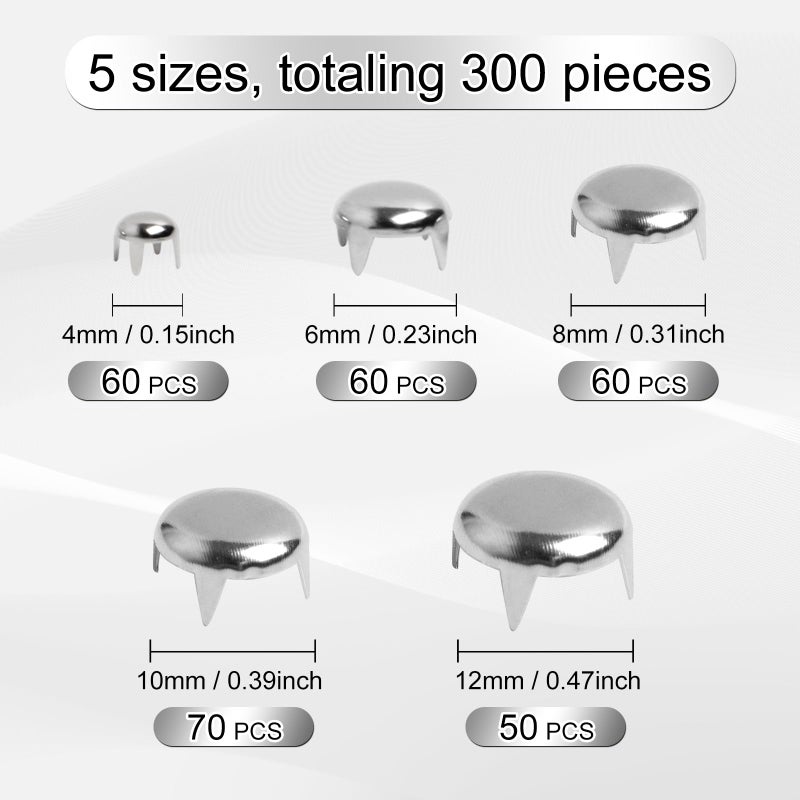 SBYURE 300 Pieces Round Dome Studs 5 Sizes Silver Studs for Clothing Metal Spike Studs for Leather Craft Clothes Belt Bag Shoes Bracelet Dog Collar Accessories DIY - Image 2