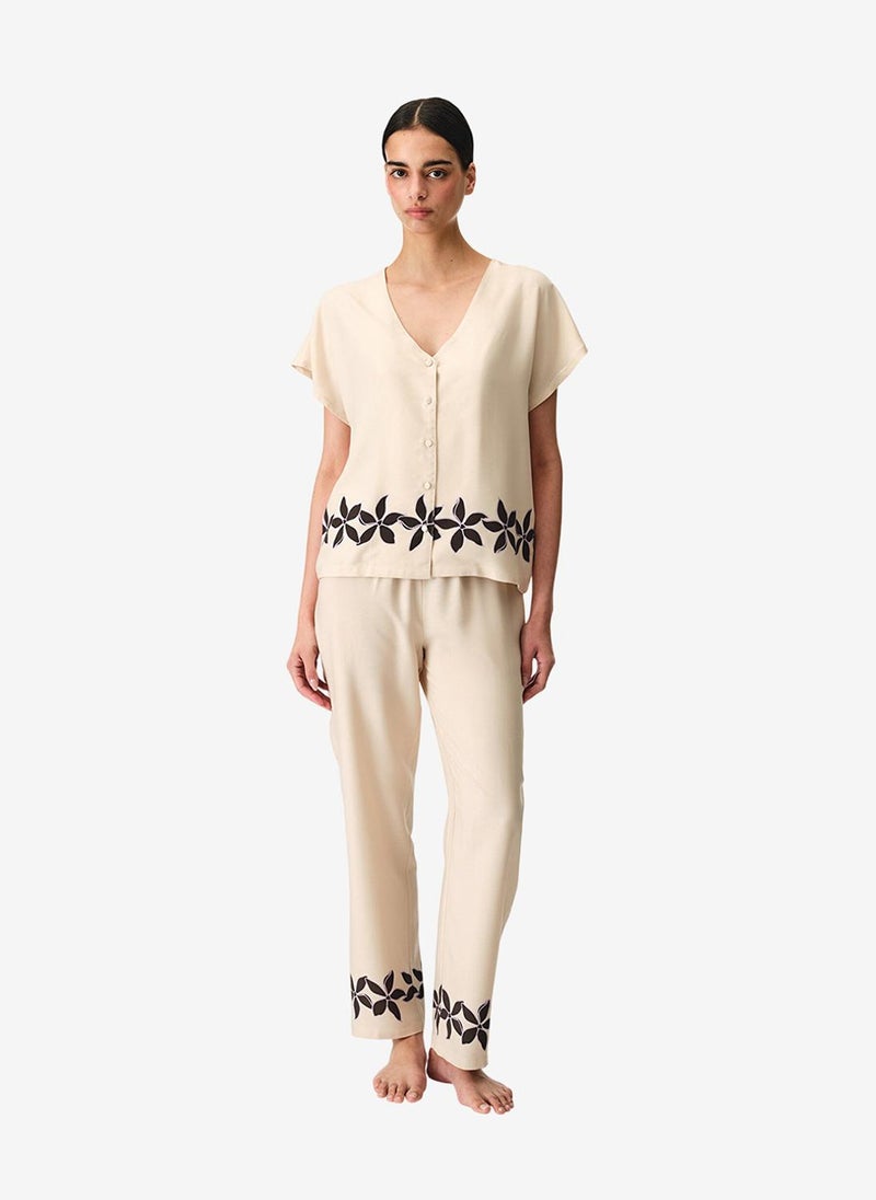 Penti Women Petal Short Sleeve Shirt Trousers Pastel Beige Set - Image 1