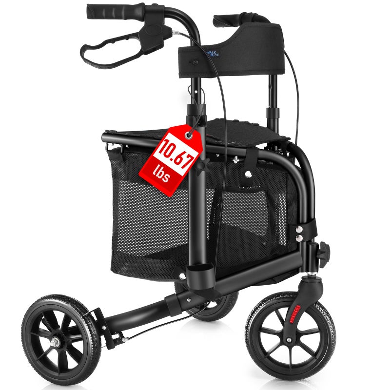 WALK MATE 3 Wheel Rollator Walker with Seat for Slim Seniors, Padded Backrest Lightweight Foldable Travel Walker Ideal for Elderly, 8 Inch Tri-Wheel Modern Mobility Walking Aid Aluminum, Black - Image 1