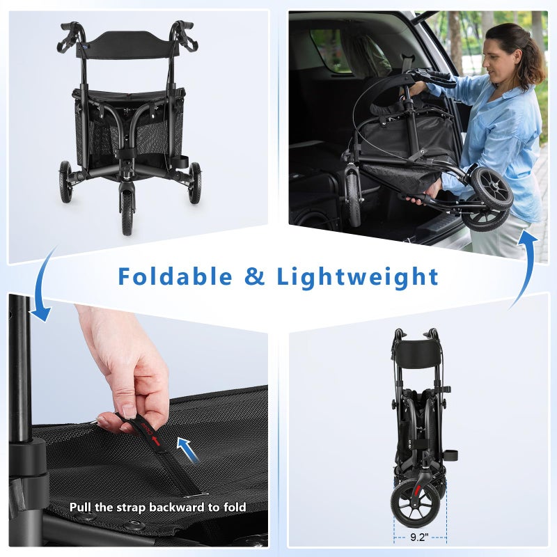 WALK MATE 3 Wheel Rollator Walker with Seat for Slim Seniors, Padded Backrest Lightweight Foldable Travel Walker Ideal for Elderly, 8 Inch Tri-Wheel Modern Mobility Walking Aid Aluminum, Black - Image 4