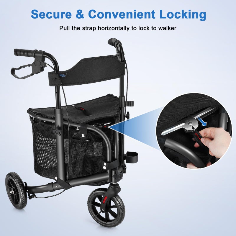 WALK MATE 3 Wheel Rollator Walker with Seat for Slim Seniors, Padded Backrest Lightweight Foldable Travel Walker Ideal for Elderly, 8 Inch Tri-Wheel Modern Mobility Walking Aid Aluminum, Black - Image 5