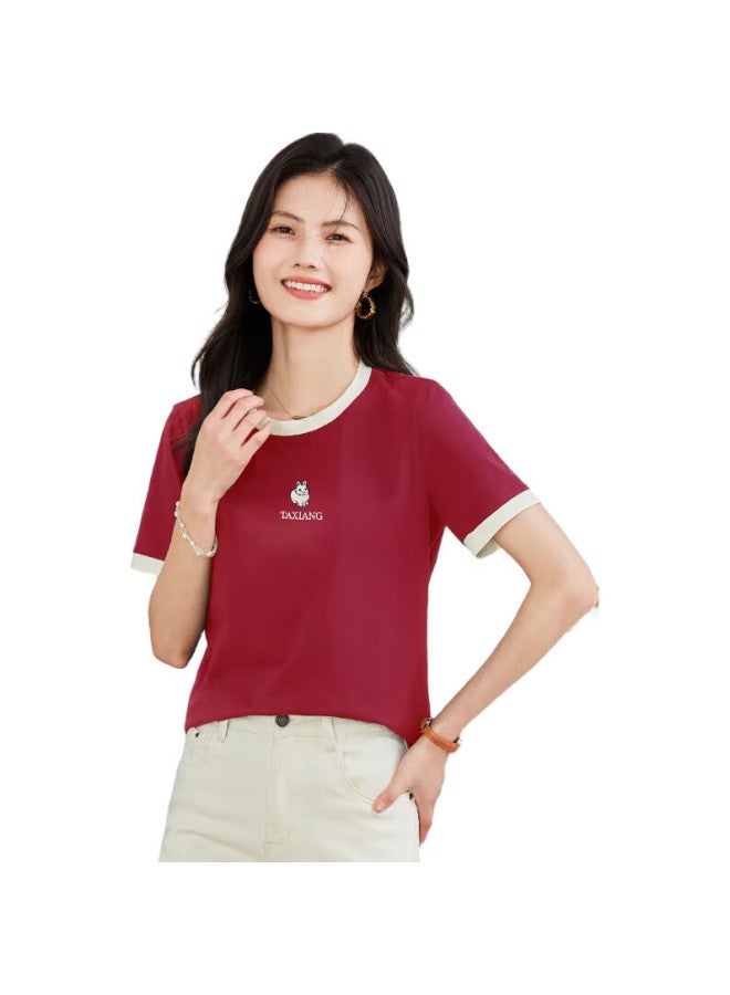 She Enjoys Short-Sleeve T-Shirt For Women, Contrasting Color Cat Embroidery, Ladies' Top, Simple And Fashionable, Versatile Base Shirt, Women'S T143T1477 - Image 3
