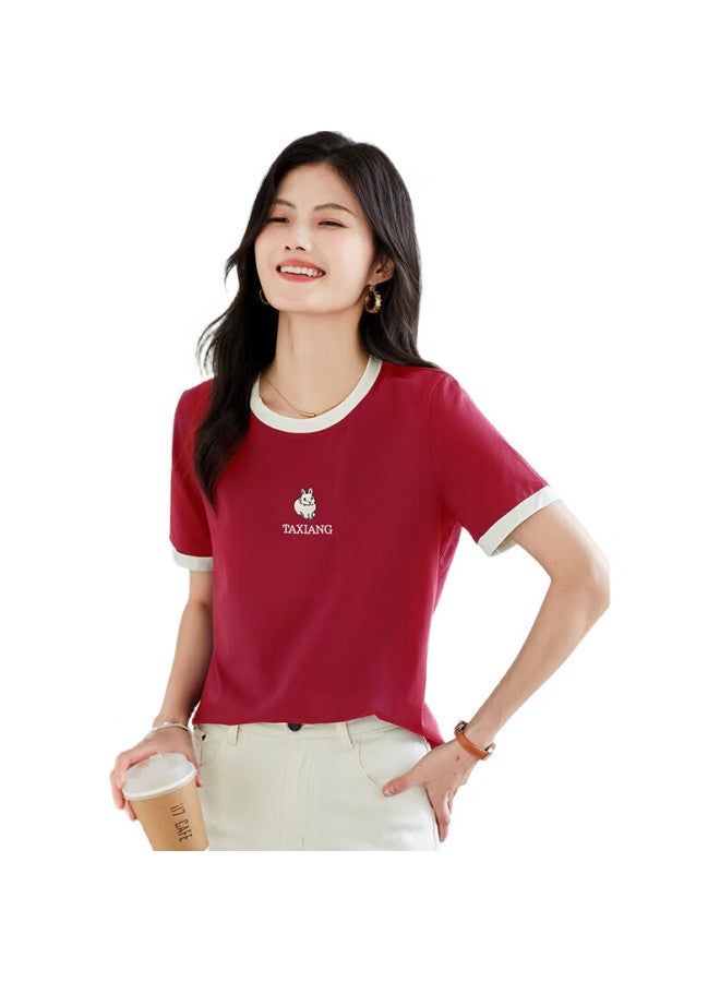 She Enjoys Short-Sleeve T-Shirt For Women, Contrasting Color Cat Embroidery, Ladies' Top, Simple And Fashionable, Versatile Base Shirt, Women'S T143T1477 - Image 2