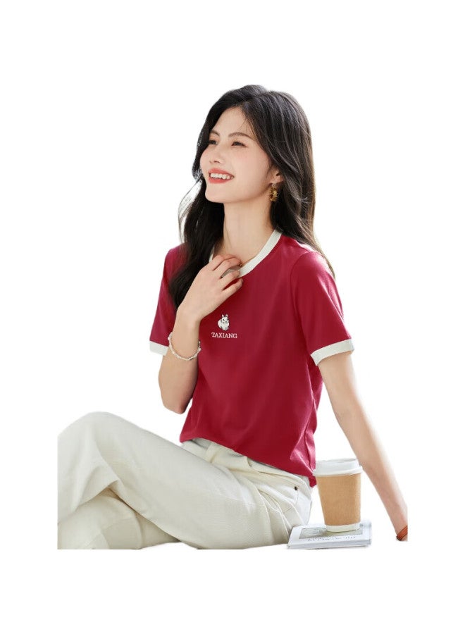 She Enjoys Short-Sleeve T-Shirt For Women, Contrasting Color Cat Embroidery, Ladies' Top, Simple And Fashionable, Versatile Base Shirt, Women'S T143T1477 - Image 1