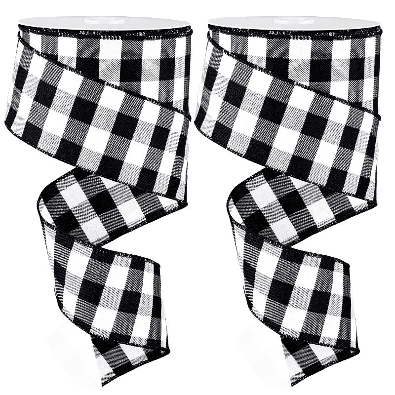 Whaline 2 Rolls Wired Edge Plaid Ribbon Christmas Buffalo Check Ribbon White Black Plaid Ribbon 25 Wide Farmhouse Craft Ribbon for DIY Gift Wrapping Wreath Xmas Tree Bow Decoration 10 Yard