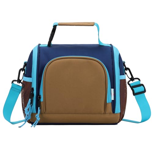 VASCHY Lunch Bag for Kids Boys Cute Reusable Insulated Large Lunch Box Container for Daycare School Kindergarten Preschool Brown Navy - Image 1