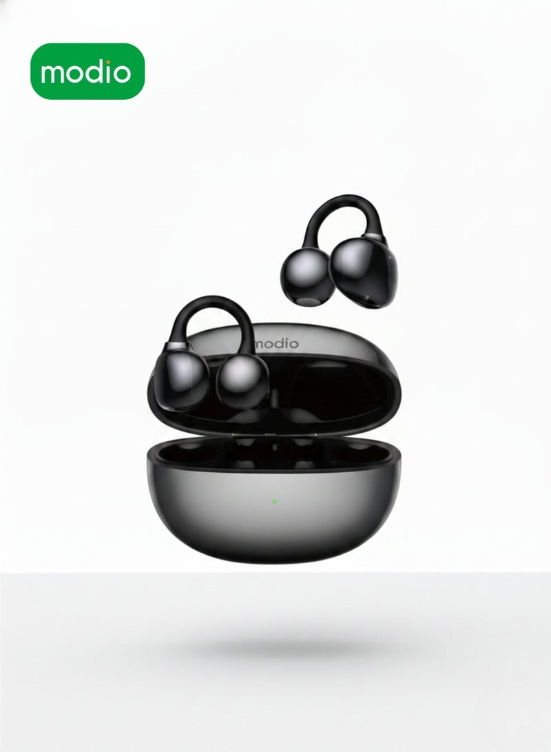 modio OWS-04 Wireless Earbuds Ear-Clip Bluetooth 5.4 Open Ear Headphones with Charging Case Black - Image 1