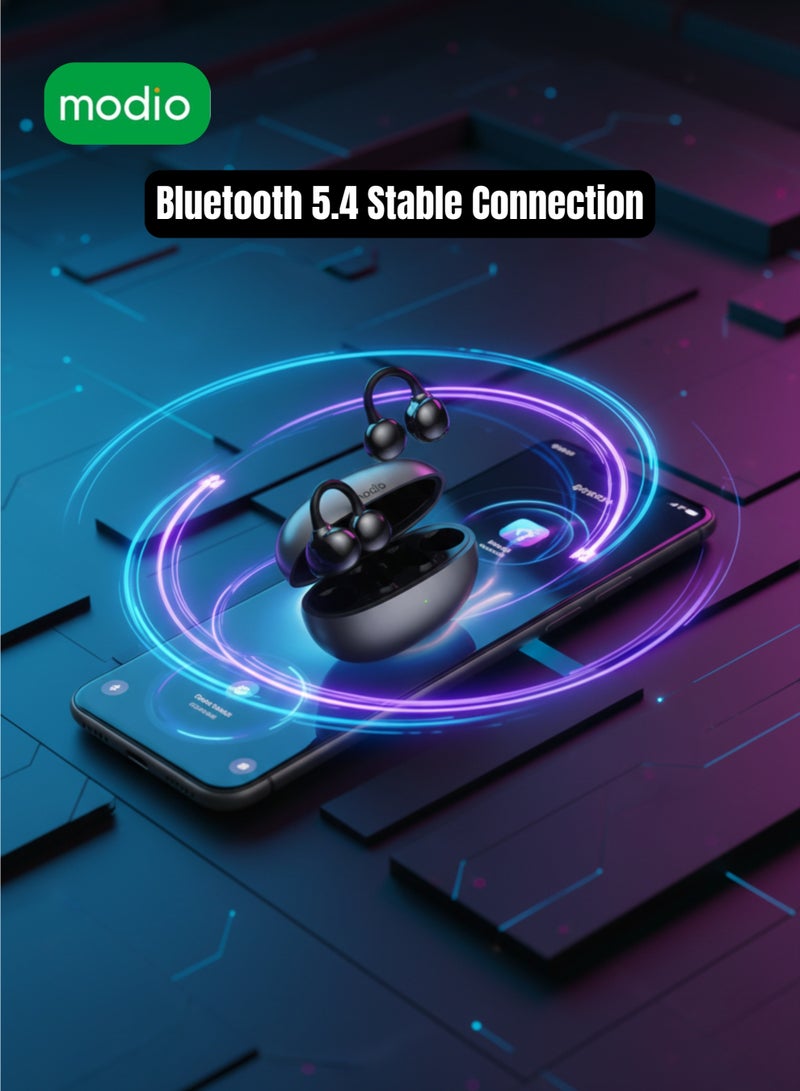 modio OWS-04 Wireless Earbuds Ear-Clip Bluetooth 5.4 Open Ear Headphones with Charging Case Black - Image 2