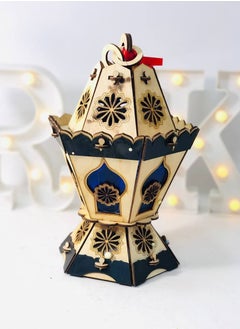 Wooden lanterns, lanterns with excellent closure and colored glass in the lantern, hexagonal wooden lantern and wood engraving with lights and Ramadan songs, size: 28 cm
