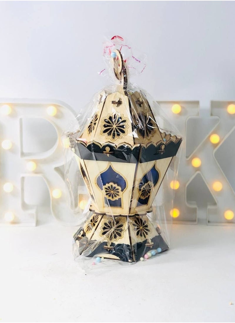 Generic - Wooden lanterns, lanterns with excellent closure and colored glass in the lantern, hexagonal wooden lantern and wood engraving with lights and Ramadan songs, size: 28 cm - Image 1