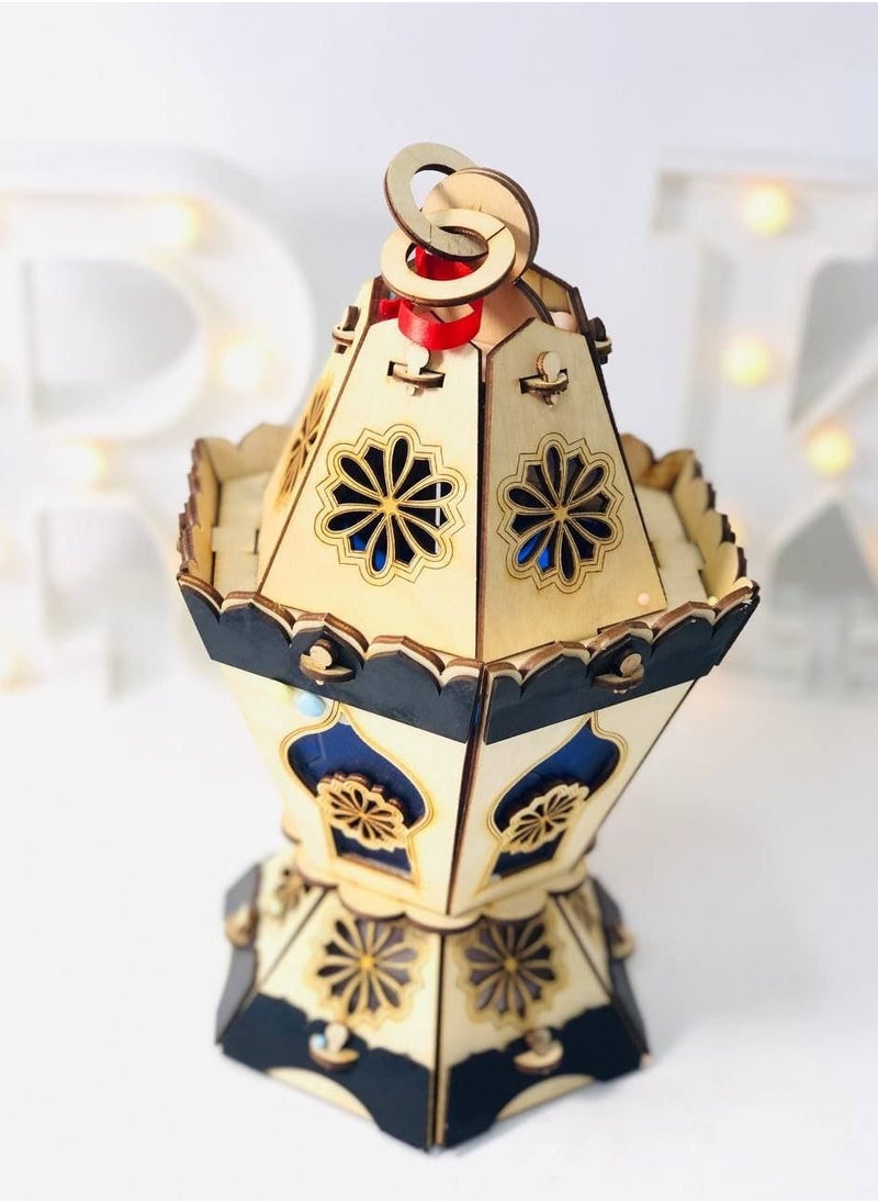 Generic - Wooden lanterns, lanterns with excellent closure and colored glass in the lantern, hexagonal wooden lantern and wood engraving with lights and Ramadan songs, size: 28 cm - Image 1
