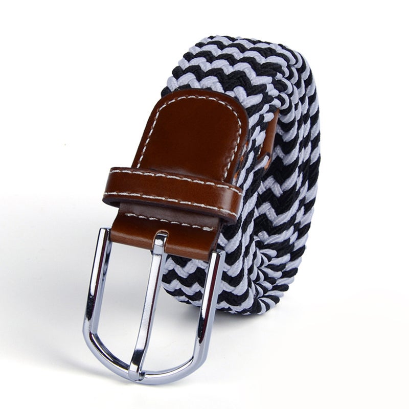Universal Stretch Belt Casual Fabric Woven Weave Elastic Belt for Men and Women with PU Leather and End Tip (Black) - Image 1