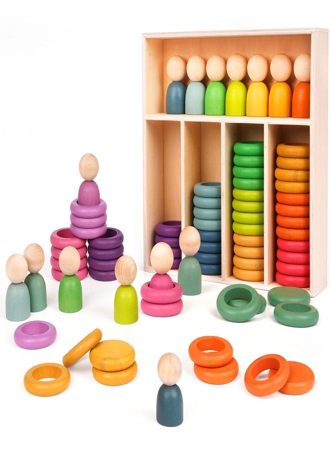 Agirlgle Montessori Toys Wooden Color Sorting Stacking Rings Toy Rainbow Wooden Peg Dolls Counting Toys Circular Building Blocks Stacking Game Preschool Learning Education Fine Motor Skill Toys for Toddlers - Image 1