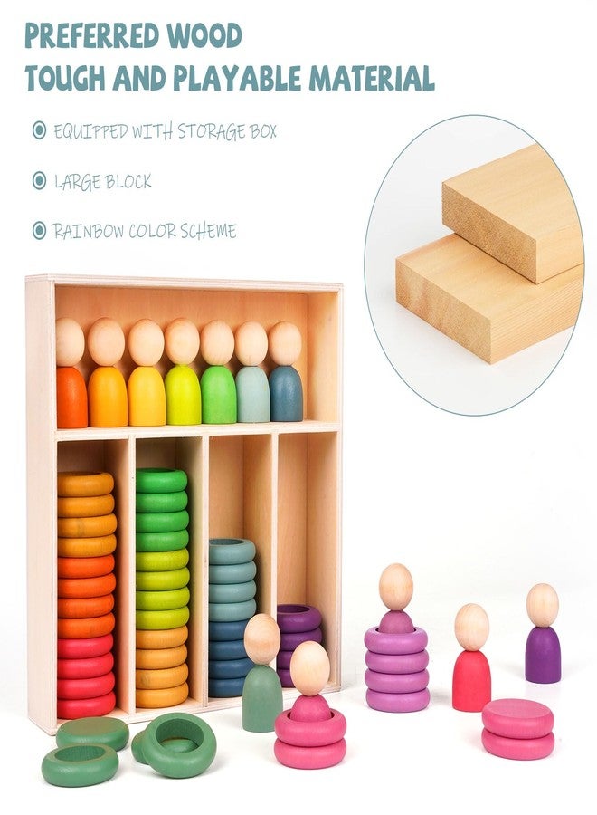 Agirlgle Montessori Toys Wooden Color Sorting Stacking Rings Toy Rainbow Wooden Peg Dolls Counting Toys Circular Building Blocks Stacking Game Preschool Learning Education Fine Motor Skill Toys for Toddlers - Image 4