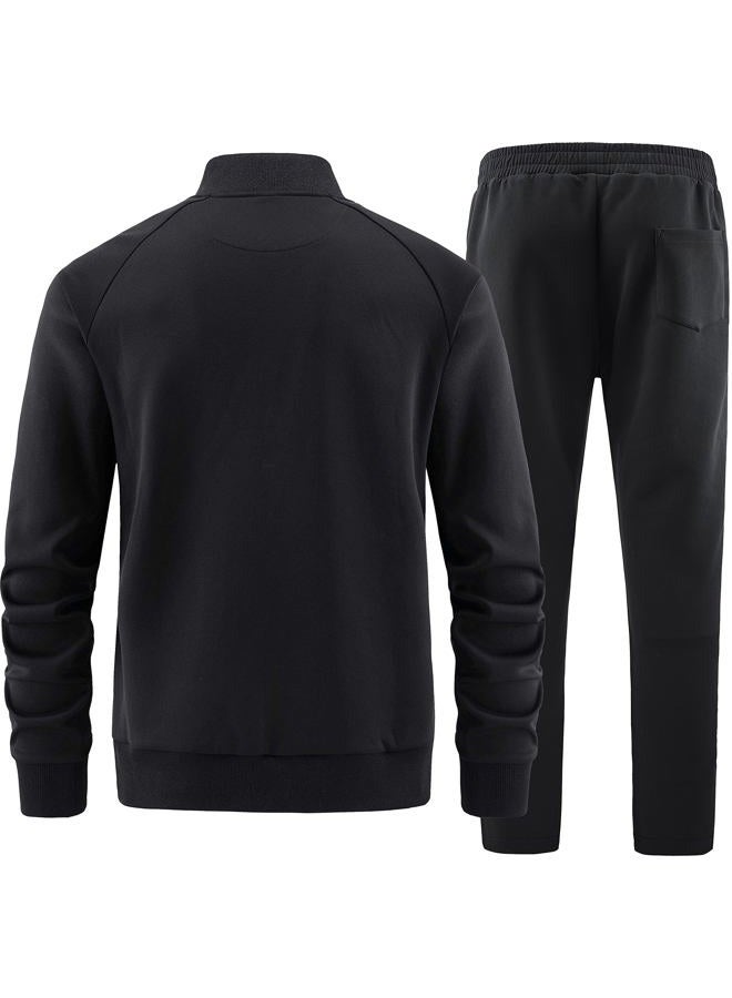 W JIANWANG Track Suits for Men Set Jogging Tracksuit Mens Sweatsuits 2 Piece Sport Plaid Jogger Sweat Suits Sports Clothes Jackets and Pants Two-piece Outfits Black JW-254-XXL  - Image 2