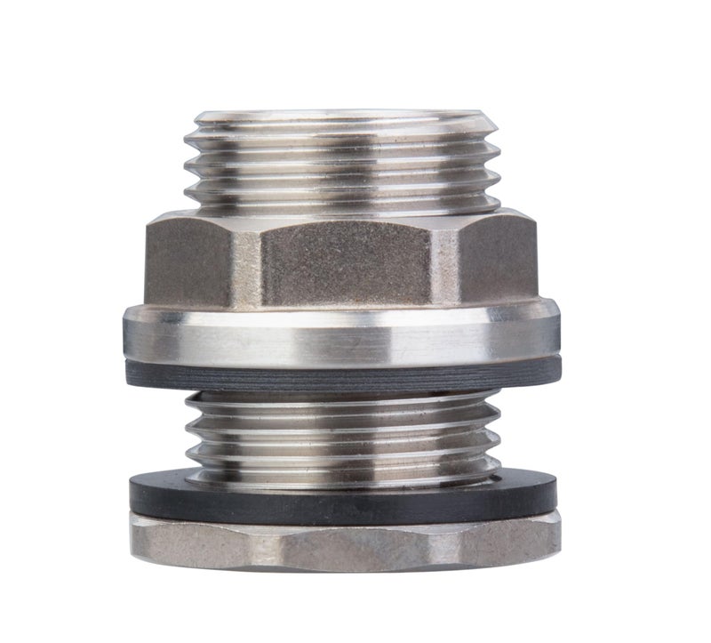 RAINPAL SSBF020 Stainless Steel 304 Bulkhead Tank Fitting (Double Female 1/2â€ NPT/FIP and Male 3/4" MHT Garden Hose Threaded, w/Step Gasket) (1) - Image 1