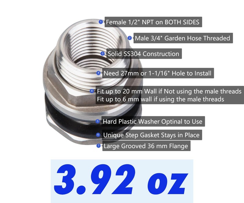 RAINPAL SSBF020 Stainless Steel 304 Bulkhead Tank Fitting (Double Female 1/2â€ NPT/FIP and Male 3/4" MHT Garden Hose Threaded, w/Step Gasket) (1) - Image 2