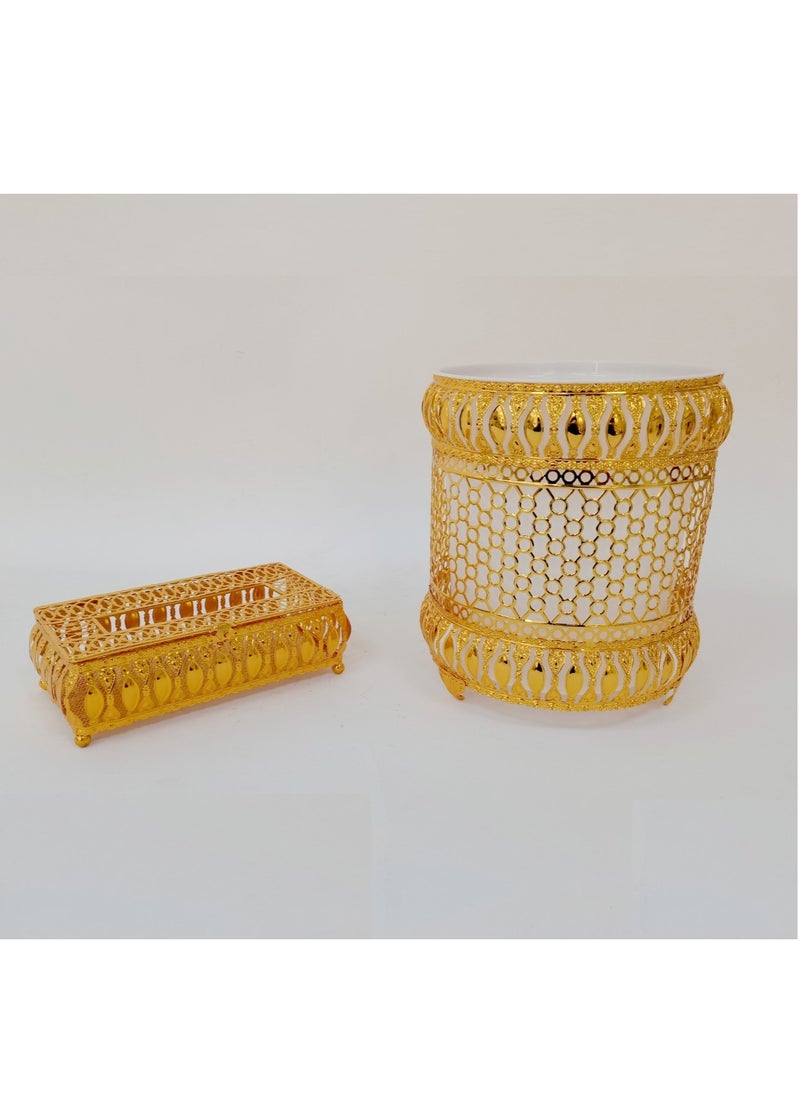Generic Gold wastebasket set with decorative tissue box 