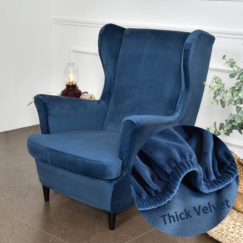 Highdi Wingback Chair Covers 2 Piece Stretch Wing Chair Slipcover Fashion Solid color Velvet Strandmon Sofa Cover Furniture Protector for Armchair Chairs Living Room Bedroom Hotel Navy blue