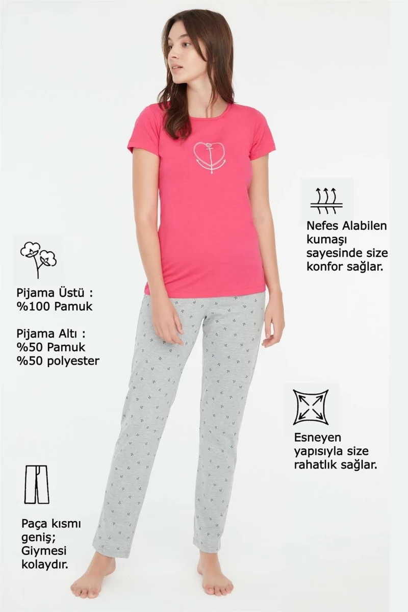 مود كولكشن - Women's Fuchsia Round Neck Pajama Set 3849