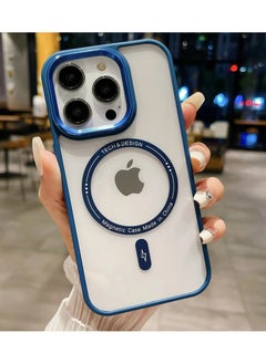 Generic Plating Metal Lens Frame Clear Phone Case Support Magnetic Wireless Charging Ultra Thin Transparent Acrylic Hard Anti fall Shockproof Back Cover For iphone 15 Pro (Blue)  - Image 1