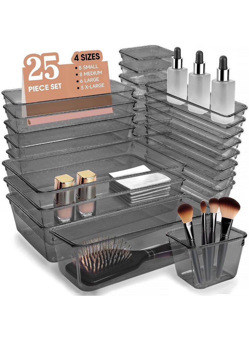 25 PCS imported Drawer Organizer Set, 4 Sizes Makeup Vanity Organizer, Clear Plastic Organization and Storage Bins for Makeup, Jewelry, Multiple Gadgets for Kitchen, Bathroom, Office, Bedroom - Image 1