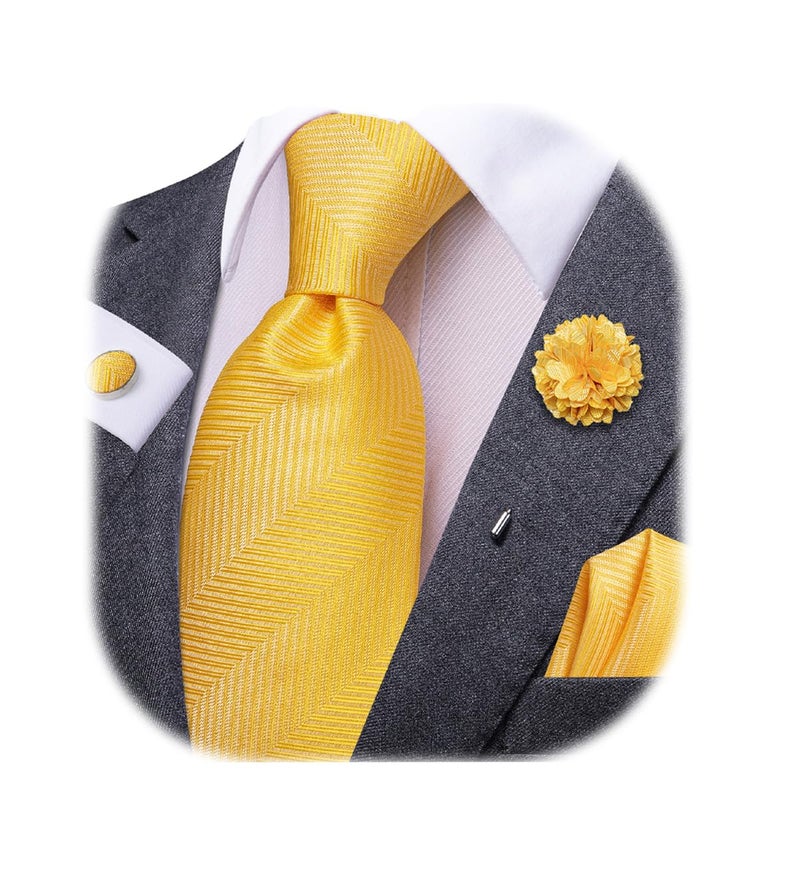 Dubulle Lemon Yellow Tie and Lapel Pin for Men Mens Solid Canary Yellow Striped Neckties and Pocket Square Cufflinks - Image 1