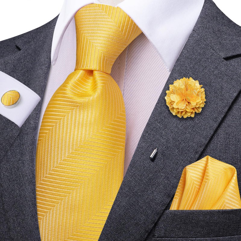 Dubulle Lemon Yellow Tie and Lapel Pin for Men Mens Solid Canary Yellow Striped Neckties and Pocket Square Cufflinks - Image 2