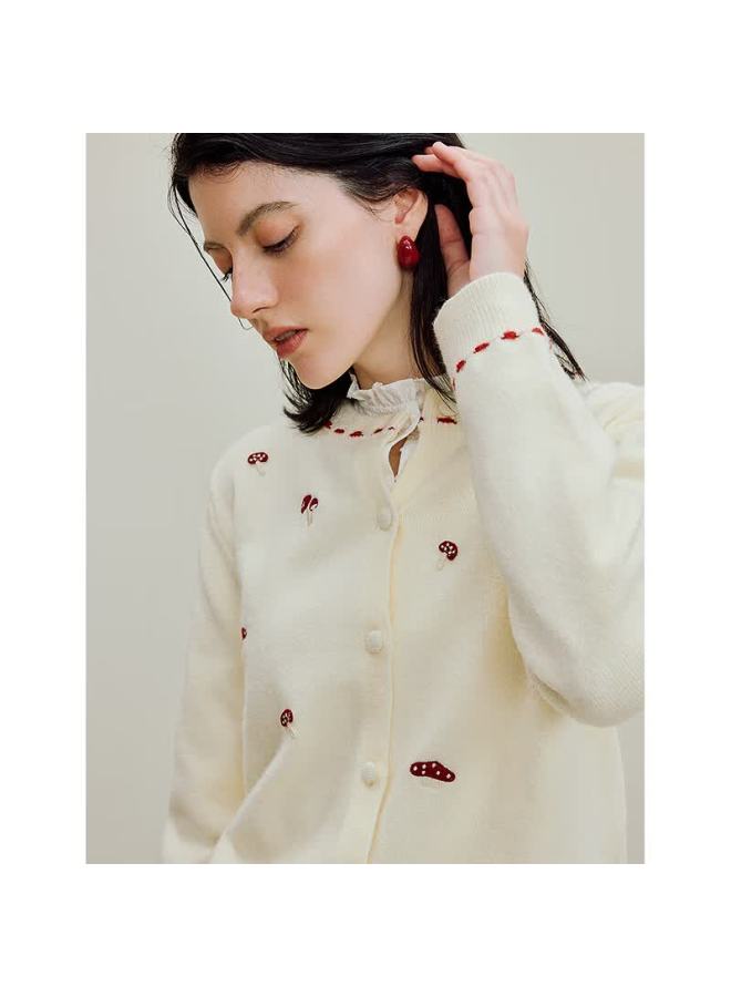 Inman Gentle Sweet Mushroom Embroidered Sweater Autumn New Women's Knitted Cardigan Jacket Light Apricot L - Image 3