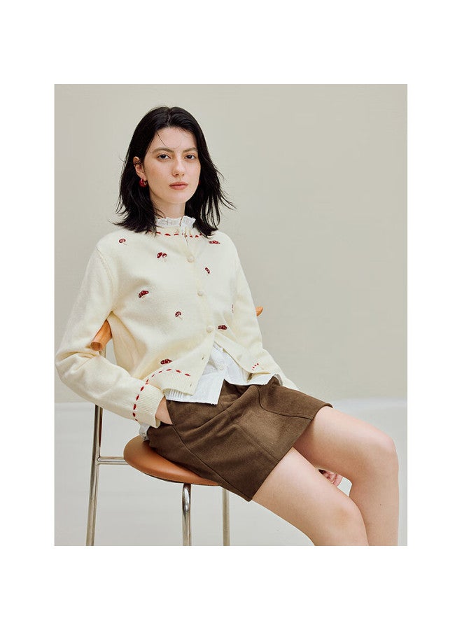 Inman Gentle Sweet Mushroom Embroidered Sweater Autumn New Women's Knitted Cardigan Jacket Light Apricot L - Image 4