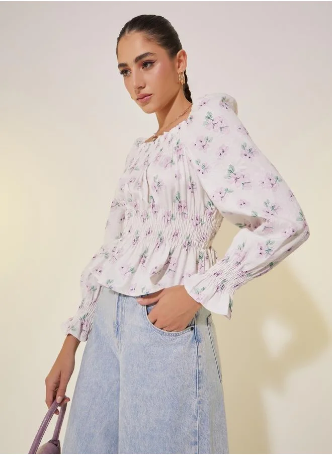 ستايلي All-Over Floral Print Square Neck Top with Smocked Detail