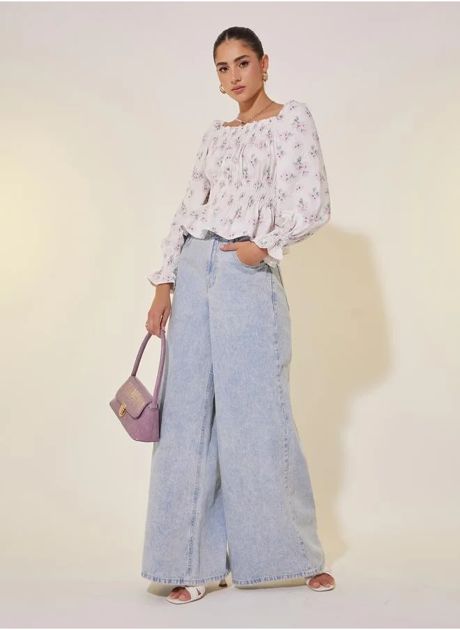 ستايلي All-Over Floral Print Square Neck Top with Smocked Detail