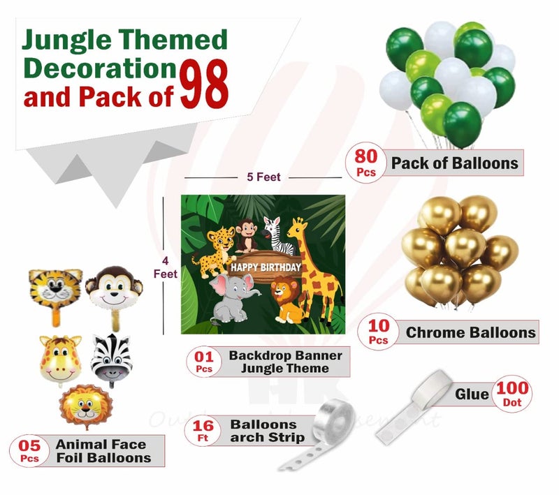 HK balloons Pack Of 98 Pcs Jungle Theme Birthday Party Decorations For Boys Forest Theme Animal Face Foil, Chrome Balloons For Theme Birthday Party Decorations With Forest Theme Backdrop Banner - Image 2
