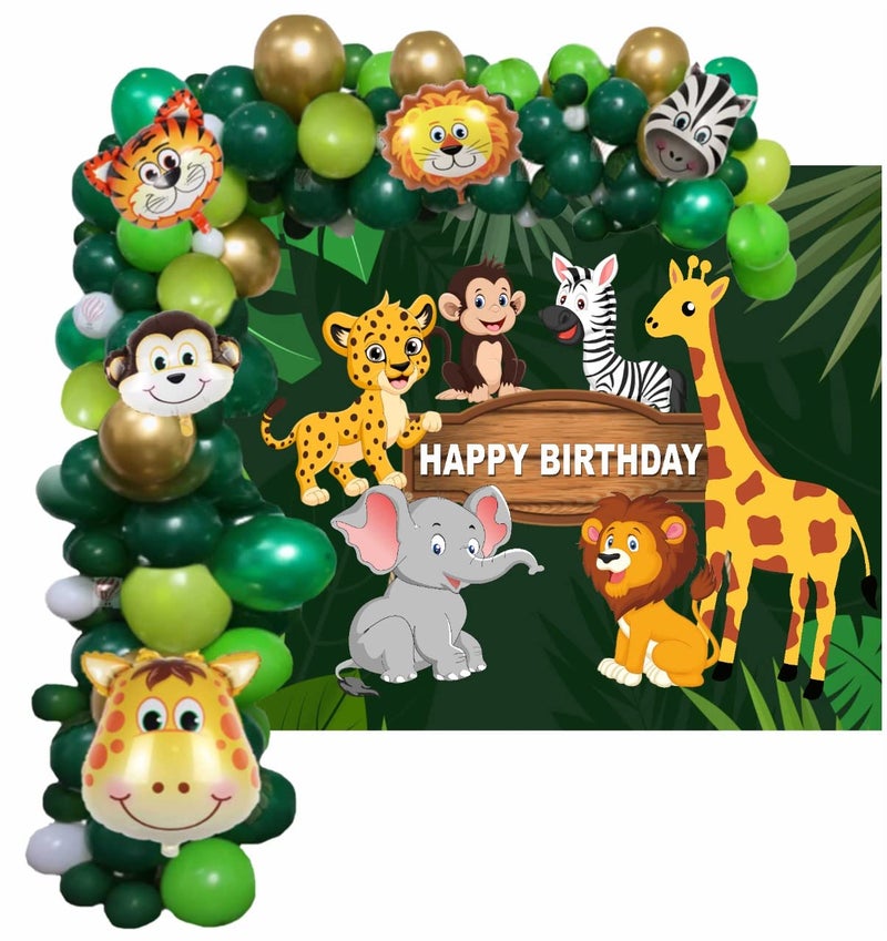 HK balloons Pack Of 98 Pcs Jungle Theme Birthday Party Decorations For Boys Forest Theme Animal Face Foil, Chrome Balloons For Theme Birthday Party Decorations With Forest Theme Backdrop Banner - Image 1