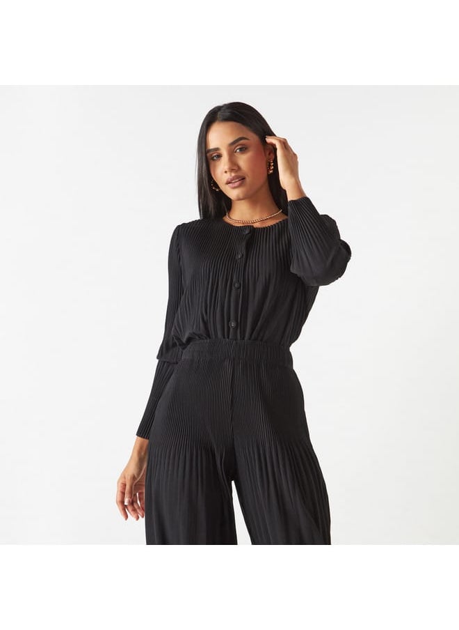 2Xtremz - 2Xtremz Pleated Top with Button Closure and Long Sleeves - Image 1