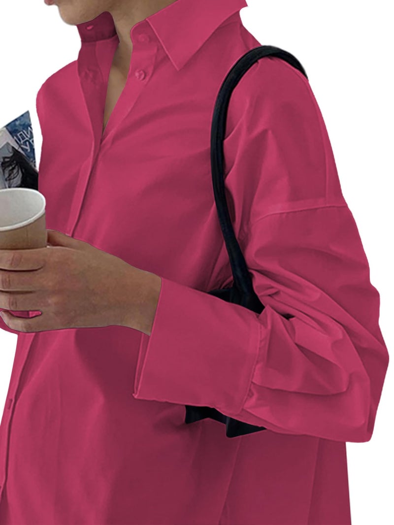 LYANER Women's Casual Shirt Dress Collar V Neck Button Down Loose Long Sleeve Mini Dresses Rose Medium - Image 3