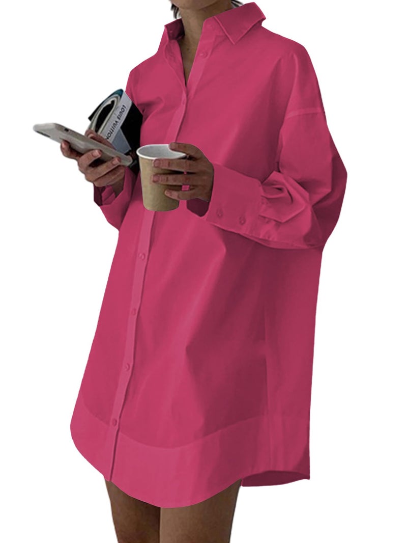LYANER Women's Casual Shirt Dress Collar V Neck Button Down Loose Long Sleeve Mini Dresses Rose Medium - Image 1