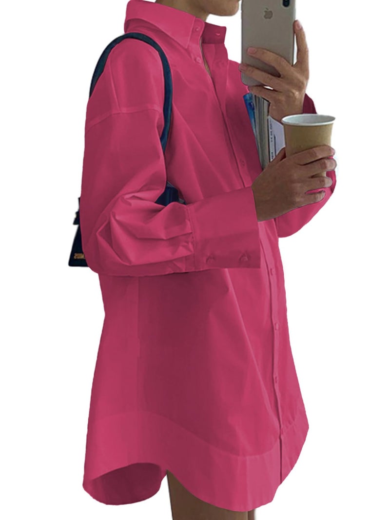 LYANER Women's Casual Shirt Dress Collar V Neck Button Down Loose Long Sleeve Mini Dresses Rose Medium - Image 2