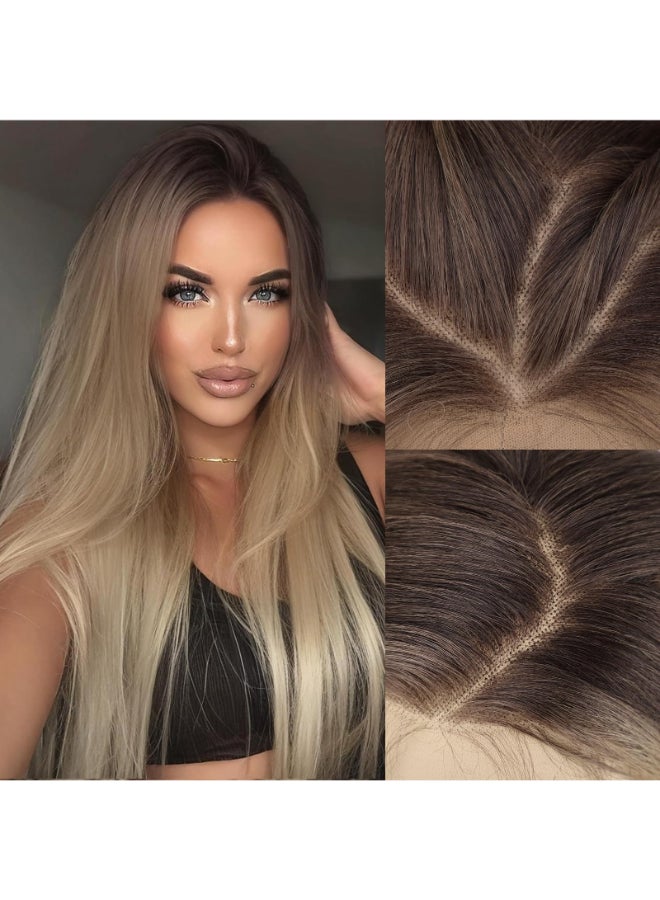 AISI HAIR 13x4 Ombre Blonde Straight Lace Front Wig for Women Synthetic Pre Plucked Blonde Glueless Wig With Baby Hair for Beginner Friendly 28inch - Image 2