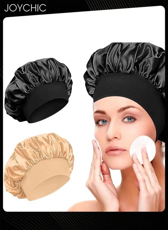 Joychic 2 Pcs Women Wide Brim Solid Color Sleeping Cap Ladies Fashionable Elastic Hair Bonnet Satin Comfort Beauty Hair Care Hat - Image 1