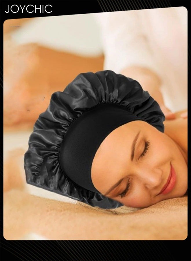 Joychic 2 Pcs Women Wide Brim Solid Color Sleeping Cap Ladies Fashionable Elastic Hair Bonnet Satin Comfort Beauty Hair Care Hat - Image 2