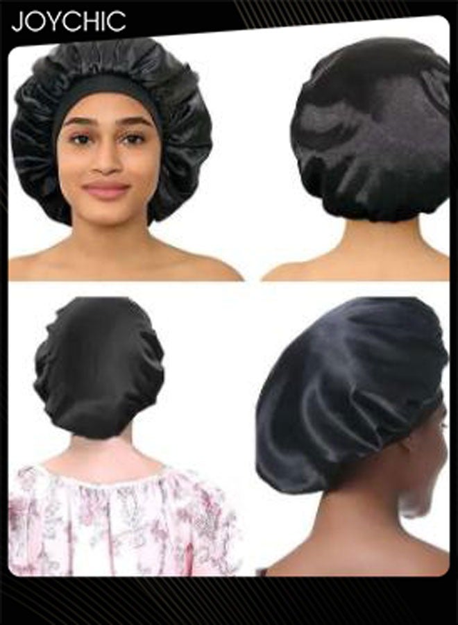Joychic 2 Pcs Women Wide Brim Solid Color Sleeping Cap Ladies Fashionable Elastic Hair Bonnet Satin Comfort Beauty Hair Care Hat - Image 3