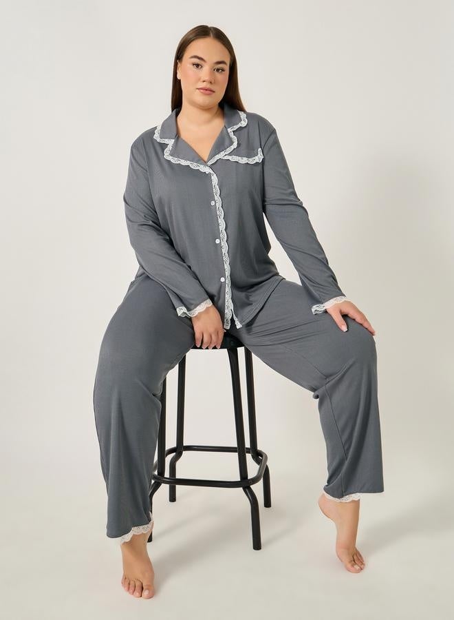 Styli Plus Size Rib Knit Lace Trim Shirt and Pyjama Set  - Image 1