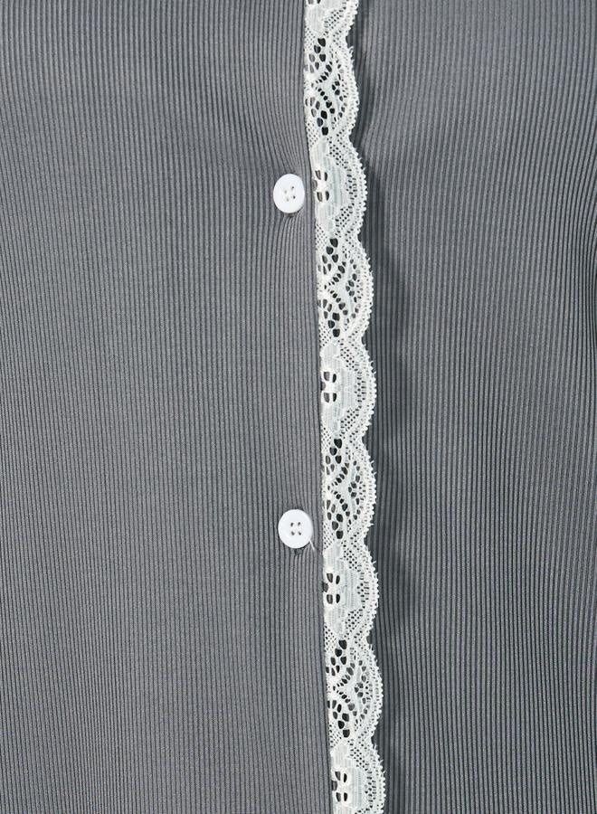 Styli Plus Size Rib Knit Lace Trim Shirt and Pyjama Set  - Image 5