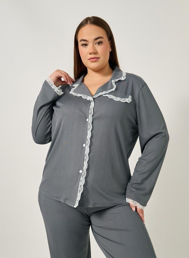 Styli Plus Size Rib Knit Lace Trim Shirt and Pyjama Set  - Image 3