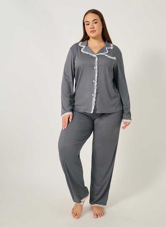 Styli Plus Size Rib Knit Lace Trim Shirt and Pyjama Set  - Image 2
