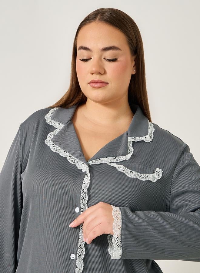 Styli Plus Size Rib Knit Lace Trim Shirt and Pyjama Set  - Image 4
