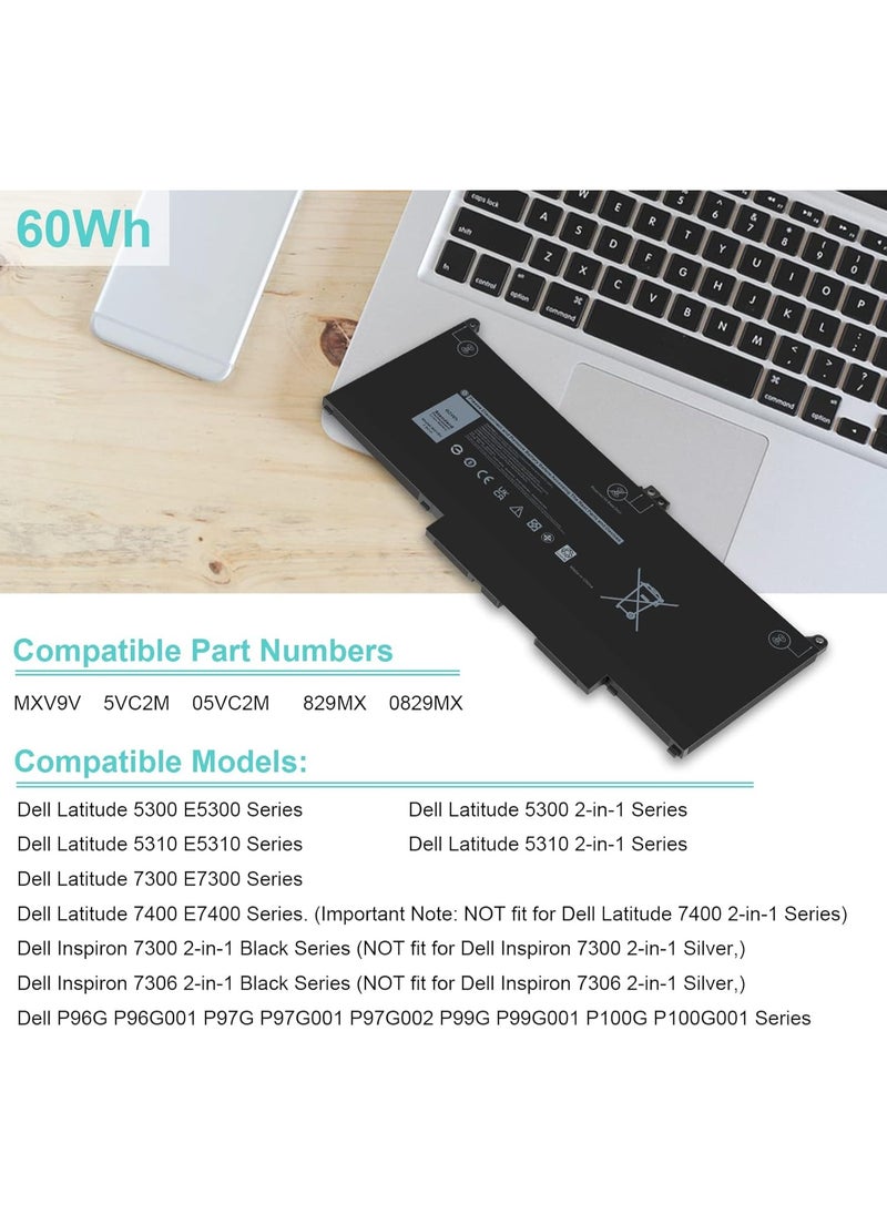 Terabyte replacement 60Wh MXV9V Laptop Battery for Dell Latitude 5300 E5300 5310 E5310, Inspiron 7300 E7300 7400 E7400 7306 Series, P96G P97G P99G P100G MXV9V 5VC2M 05 VC2M 8 829MX 0829MX 7.6V  - Image 2