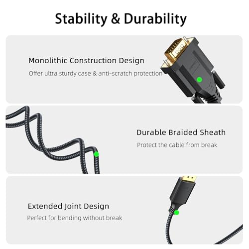 DteeDck DisplayPort to VGA Cable 6ft, Display Port DP to VGA 1080P@60Hz Adapter Converter Male to Male Braided Cord for Monitor Desktop Laptop Projector HDTV - Image 5